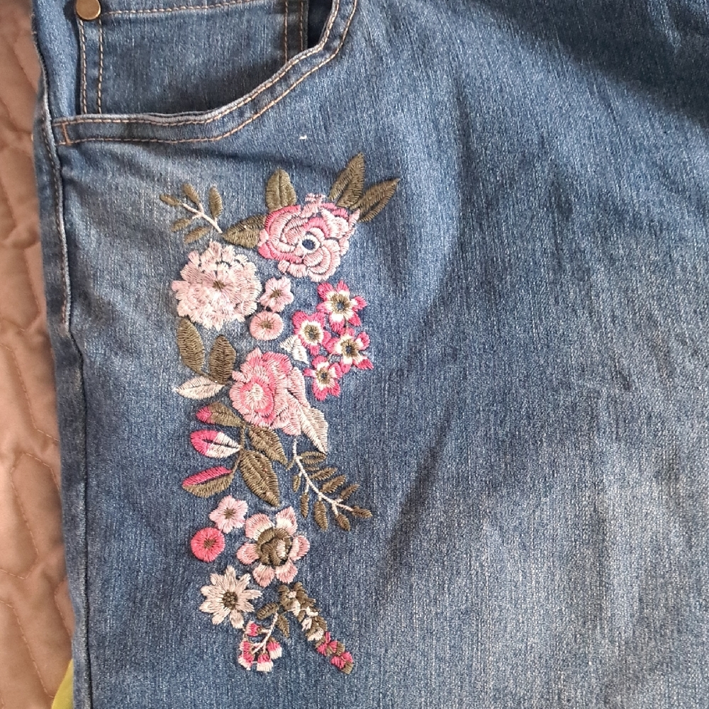 Woman Within Blue Jeans with Floral Embroidery